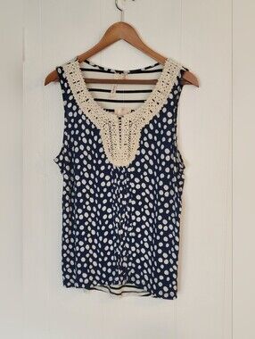 By Design Navy Polka Dot Tank with Crochet Trim